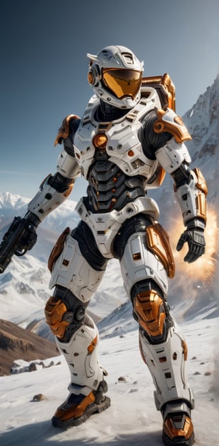 (best quality, 8K, high-resolution, masterpiece), ultra-detailed, The image shows an sleek high tech astronaut suit floating in a explosion fire snowy mountainat background, firing a weapon. The robot has a white body with dark orange accents and is equipped with a large white blaster. dynamic angle shot, cinematic, film lighting, dramatic, ultra quality, ultra realistic, sharp focus, studio lighting, remarkable color,bl1ndm5k,Nanosuit exoskeleton