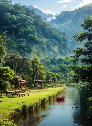 ilustrasi gambar, suasana berangin, di kejauhan tersergam gunung yg tinggi, tasik yg luas, telah definisi yang sangat terperinci, ultra tinggi, resolusi tinggi, (karya agung),