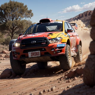 image of the rally car drifting on rough terrain, scatter dust came from tyre, taken from a ground angle view.,hijabsteampunk