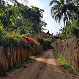 In a stunningly sharp and vibrant low-angle shot, a traditional Thai wooden village is set amidst lush greenery. The camera gazes up at intricately detailed homes, adorned with ornate wooden carvings and curved roofs. Vibrant plants and bushes burst forth from the earth, while coconut trees tower above, their trunks sturdy and strong. A meandering dirt road winds its way through the scene, flanked by a picturesque tiki bamboo fence overflowing with colorful flowers. In the distance, subtle drainage channels add texture to the landscape, all bathed in warm sunlight that highlights the textures and patterns of this idyllic Thai village.