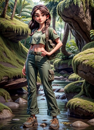 adult women, 1girl, jungle tracking, bag, mossy jungle, jungle tracking clothing, long pant, river with rock, 3DMM, high_resolution, perfectface,