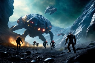 masterpiece, hyper realistic, cinematic scene, race against a band of evil mercenaries, to reach a legendary lost freighter called the Deepstar, Along their trek through the universe, they encounter (monsters), (aliens), (robots) and something even worse., action_pose, movie still, detailed_background,