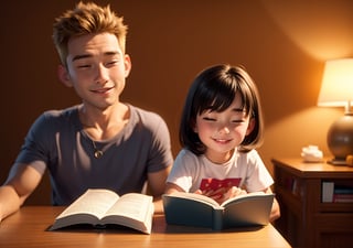 a girl and a boy reading a book on table before sleep, bright smile, room background, 3d cartoon render, perfect hands, no hands