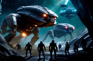 masterpiece, hyper realistic, cinematic scene, race against a band of evil mercenaries, to reach a legendary lost freighter called the Deepstar, Along their trek through the universe, they encounter (monsters), (aliens), (robots) and something even worse., action_pose, movie still, detailed_background,hackedtech