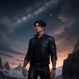 (masterpiece, best quality: 1.4), guy with black hair, 40 years old, Tousled Wolf-Cut hair style, muscle man, bow down face standing on top of mountain, looking far away, unforgiven face, fantasy art, black leather jacket, black shirt, leather pant, male metal rocker picture, eren yeager, detailed anime character art, dark, night_sky, midnight, unforgiven vibe,