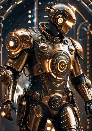 masterpiece, best quality, a Hi-Tech steampunk style, Hi-Tech steampunk suit, Custom Hi-Tech steampunk suit design, shining body, glowing bronze, full body look, full shining Hi-Tech steampunk suit body, hues, steampunk style, perfect custom Hi-Tech steampunk suit, Movie Still, steampunk, intricate mech details, ground level shot, 8K resolution, Cinema 4D, Behance HD, polished metal, shiny, Unreal Engine 5, rendered in Blender, sci-fi, futuristic, trending on Artstation, epic, cinematic background, dramatic, atmospheric, action_pose, cinematic scene,cyborg style