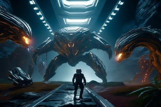 masterpiece, hyper realistic, cinematic scene, race against a band of evil mercenaries, to reach a legendary lost freighter called the Deepstar, Along their trek through the universe, they encounter (monsters), (aliens), (robots) and something even worse., action_pose, movie still, detailed_background, intricate, ground level shot, 8K resolution, Cinema 4D, Behance HD, Unreal Engine 5, rendered in Blender, sci-fi, futuristic, trending on Artstation, epic, cinematic background, dramatic, atmospheric, movie still, action_pose,