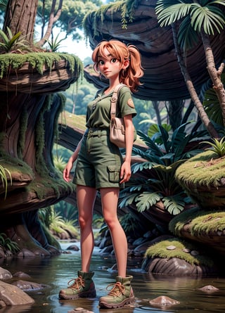 adult women, 1girl, jungle tracking, bag, mossy jungle, jungle tracking clothing, river with rock, 3DMM, high_resolution, perfectface,