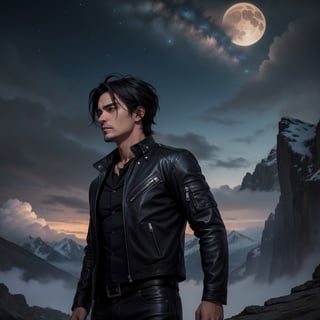 (masterpiece, best quality: 1.4), guy with black hair, 40 years old, Tousled Wolf-Cut hair style, muscle man, bow down face standing on top of mountain, looking far away, unforgiven face, fantasy art, black leather jacket, black shirt, leather pant, male metal rocker picture, eren yeager, detailed anime character art, dark, night_sky, midnight, unforgiven vibe,