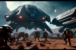 masterpiece, hyper realistic, cinematic scene, race against a band of evil mercenaries, to reach a legendary lost freighter called the Deepstar, Along their trek through the universe, they encounter (monsters), (aliens), (robots) and something even worse., action_pose, movie still, detailed_background,hackedtech