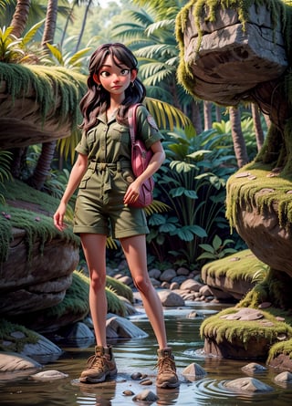 adult women, 1girl, jungle tracking, bag, mossy jungle, jungle tracking clothing, river with rock, 3DMM, high_resolution, perfectface,