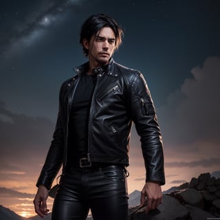 (masterpiece, best quality: 1.4), guy with black hair, 40 years old, Tousled Wolf-Cut hair style, muscle man, bow down face standing on top of mountain, looking far away, unforgiven face, fantasy art, black leather jacket, black shirt, leather pant, male metal rocker picture, eren yeager, detailed anime character art, dark, night_sky, midnight, unforgiven vibe,