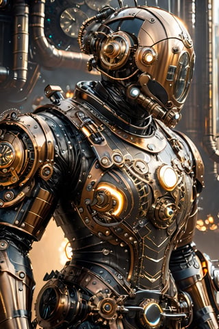 masterpiece, best quality, a Hi-Tech steampunk style, Hi-Tech steampunk suit, Custom Hi-Tech steampunk suit design, shining body, glowing bronze, full body look, full shining Hi-Tech steampunk suit body, hues, steampunk style, perfect custom Hi-Tech steampunk suit, Movie Still, steampunk, action_pose, cinematic scene, intricate mech details, ground level shot, 8K resolution, Cinema 4D, Behance HD, polished metal, shiny, Unreal Engine 5, rendered in Blender, sci-fi, futuristic, trending on Artstation, epic, cinematic background, dramatic, atmospheric,