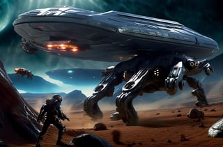 masterpiece, hyper realistic, cinematic scene, race against a band of evil mercenaries, to reach a legendary lost freighter called the Deepstar, Along their trek through the universe, they encounter (monsters), (aliens), (robots) and something even worse., action_pose, movie still, detailed_background,