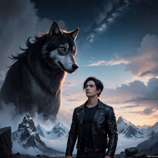 (masterpiece, best quality: 1.4), guy with black hair, 40 years old, Tousled Wolf-Cut hair style, muscle man, bow down face standing on top of mountain, looking far away, unforgiven face, fantasy art, black leather jacket, black shirt, leather pant, male metal rocker picture, eren yeager, detailed anime character art, dark, night_sky, midnight, unforgiven vibe,