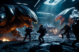 masterpiece, hyper realistic, cinematic scene, race against a band of evil mercenaries, to reach a legendary lost freighter called the Deepstar, Along their trek through the universe, they encounter (monsters), (aliens), (robots) and something even worse., fighting, lazer shoot, exposion, fire, action_pose, movie still, detailed_background, intricate, ground level shot, 8K resolution, Cinema 4D, Behance HD, Unreal Engine 5, rendered in Blender, sci-fi, futuristic, trending on Artstation, epic, cinematic background, dramatic, atmospheric, movie still, action_pose,