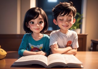 a girl and a boy reading a book on table before sleep, bright smile, room background, 3d cartoon render, perfect hands, no hands