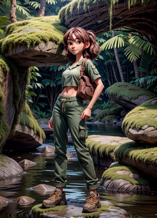 adult women, 1girl, jungle tracking, bag, mossy jungle, jungle tracking clothing, long pant, river with rock, 3DMM, high_resolution, perfectface,