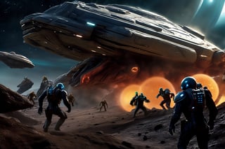 masterpiece, hyper realistic, cinematic scene, race against a band of evil mercenaries, to reach a legendary lost freighter called the Deepstar, Along their trek through the universe, they encounter (monsters), (aliens), (robots) and something even worse., action_pose, movie still, detailed_background,