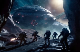 masterpiece, hyper realistic, cinematic scene, team of space scavengers, race against a band of evil mercenaries, to reach a legendary lost freighter called the Deepstar, Along their trek through the universe, they encounter (monsters), (aliens), (robots) and something even worse., action_pose, movie still, detailed_background,hackedtech