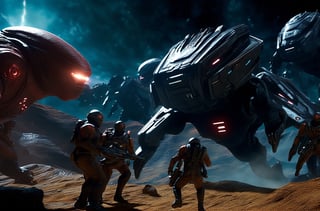 masterpiece, hyper realistic, cinematic scene, race against a band of evil mercenaries, to reach a legendary lost freighter called the Deepstar, Along their trek through the universe, they encounter (monsters), (aliens), (robots) and something even worse., action_pose, movie still, detailed_background,hackedtech