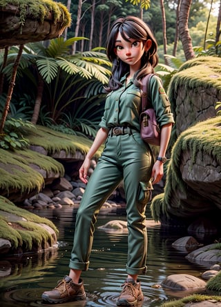 adult women, 1girl, jungle tracking, bag, mossy jungle, jungle tracking clothing, long pant, river with rock, 3DMM, high_resolution, perfectface,