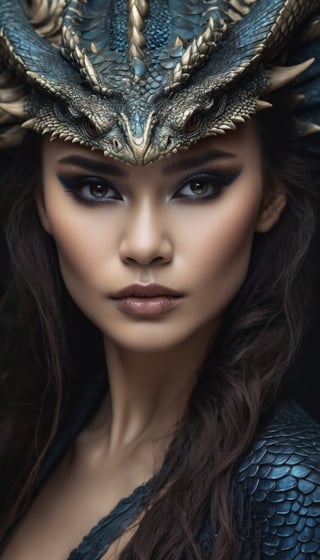 beautiful dragon, dark makeup, hyperdetailed photography, soft light, head and shoulders portrait, real skin texture