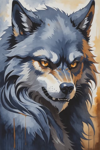 big werewolf:1.4, in the style of wet-on-wet blending, (watercoleor painting on canvas canvas texture:1.3), light navy and dark amber, light navy and indigo, quiet potency, moody, normal girl