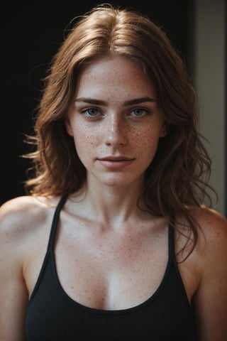 realistic photo, dramatic lighting, medium hair, detailed face, detailed nose, woman wearing tank top, freckles:0.9, smirk, intricate background
,realism,realistic,raw,analog,woman,portrait,photorealistic,analog,realism