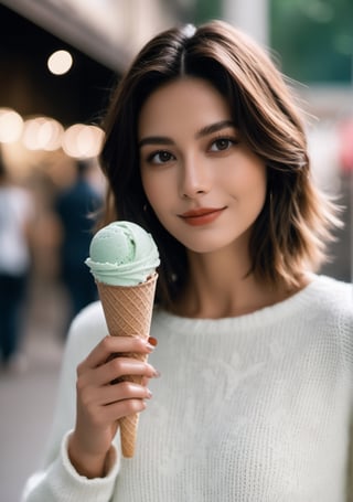 advertisement photo, a woman with short hair and ((a white sweater)), white sweater:1.3,
BREAK
, holding a (mint ice cream) in her hand and looking at the camera, a big smile, it is fucking delicious