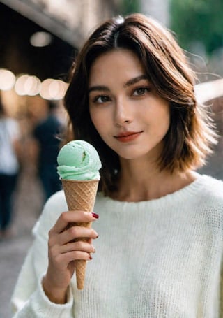 advertisement photo, a woman with short hair and ((a white sweater)), white sweater:1.3,
BREAK
, holding a (mint ice cream) in her hand and looking at the camera, a big smile, it is fucking delicious