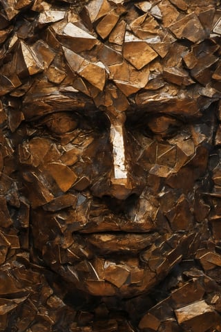 a close-up of a picture of a man's face, rough texture bronze face, fragmented, abstract portrait, nicolas delort, roman art, stefan gesell, shattered, dark portrait of depression, inspired by Igor Morski, shattered abstractions, bronze texture:1.1, shattered wall, 4 k symmetrical portrait, old man's face, Detailedface, Detailedeyes, b3rli