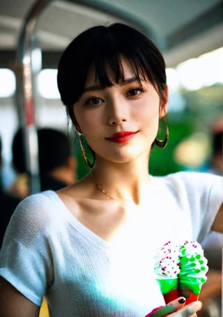 advertisement photo, a woman with short hair and ((a white sweater)), white sweater:1.3,
BREAK
, holding a (mint ice cream) in her hand and looking at the camera, a big smile, it is fucking delicious