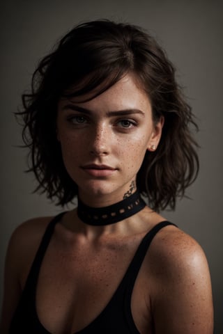 photo, rule of thirds, dramatic lighting, medium hair, detailed face, detailed nose, woman wearing tank top, freckles, collar or choker, smirk, tattoo, intricate background
,realism,realistic,raw,analog,woman,portrait,photorealistic,analog,realism