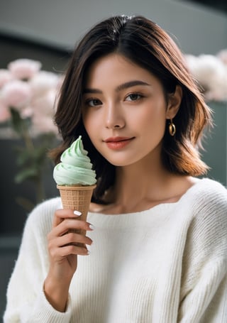 advertisement photo, a woman with short hair and ((a white sweater)), white sweater:1.3,
BREAK
, holding a (mint ice cream) in her hand and looking at the camera, a big smile, it is fucking delicious