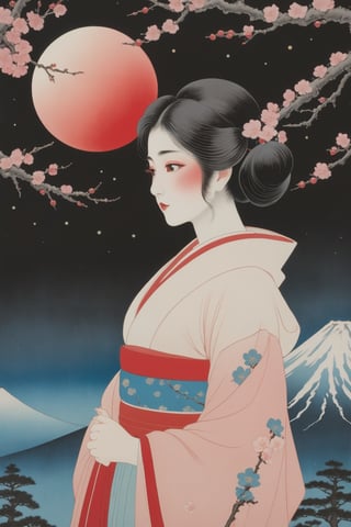 detailed, ((Ohara Koson style, traditional Japanese painting, washed and old painting)), end of whole universe, single Mount Fuji, clear sky, (single red moon), (1girl, correct kimono), night, black background, cherry blossom, (perfect composition, perfect hand:1.2)