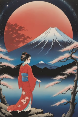 detailed, ((Ohara Koson style, traditional Japanese painting)), end of whole universe, Mount Fuji, clear sky, red moon, 1girl, night, black background