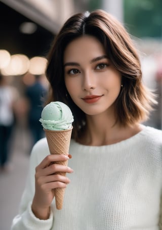 advertisement photo, a woman with short hair and ((a white sweater)), white sweater:1.3,
BREAK
, holding a (mint ice cream) in her hand and looking at the camera, a big smile, it is fucking delicious