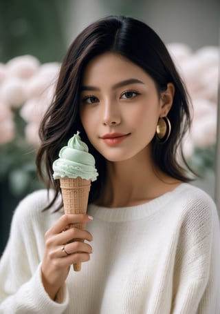 advertisement photo, a woman with short hair and ((a white sweater)), white sweater:1.3,
BREAK
, holding a (mint ice cream) in her hand and looking at the camera, a big smile, it is fucking delicious