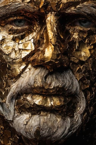 a close-up of a picture of a man's face, rough texture bronze face, abstract portrait, nicolas delort, roman art, stefan gesell, shattered, dark portrait of depression, inspired by Igor Morski, bronze texture:1.1, shattered wall, 4k symmetrical portrait, old man's face, Detailedface, Detailedeyes, b3rli