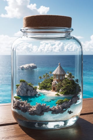 masterpiece, best quality, ultra detailed, hyperresolution, ultra-resolution
Island inside glass jar, glass jar, island middle of ocean, miniature island, mini island, ocean inside jar, ocean, cinematic, jar on table, brown table, bokeh, background blur,mini\(ttp\)