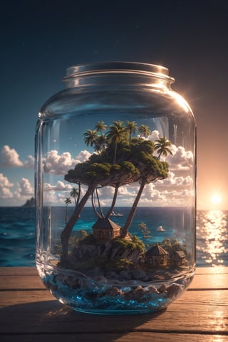 masterpiece, best quality, ultra detailed, hyperresolution, ultra-resolution
Island inside glass jar, glass jar, island middle of ocean, miniature island, mini island, ocean inside jar, ocean, cinematic, jar on table, brown table, bokeh, dark room, sun light, dungeon, background blur,mini\(ttp\)