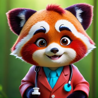 (Masterpiece, Best Quality, Very Detailed CG, Intricate Details: 1.2), 8k Wallpaper, Masterpiece, Best Quality, Award-Limited, High Quality, Super Detail, High Detail, Textured Skin, Cute, UHD, Anatomically Correct, Pixar Style, (A Cute Red Panda Wearing Doctor's Coat: 1.2), Doctor, Happy Sweet Smile. Fairy tale, bright colors, natural light, facial focus, simple background