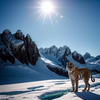 tiger in a glacial,(best quality,4k,8k,highres,masterpiece:1.2),ultra-detailed,(realistic,photorealistic,photo-realistic:1.37),wild animal, majestic creature,ice sculptures, sparkling snow, majestic mountains, frigid atmosphere, ice crystals, glistening icicles, dense forest in the background, piercing eyes, ferocious presence, frozen landscape, serene silence, icy blue color scheme, subtle lighting,add