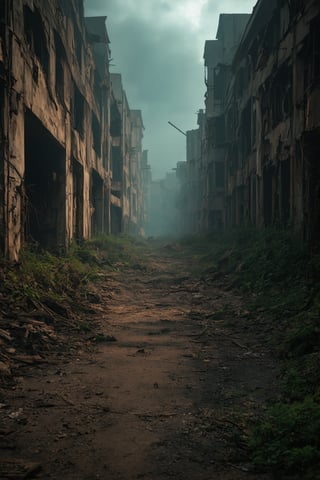 a desolate city, abandoned buildings, crumbling architecture, decaying infrastructure, overgrown vegetation, post-apocalyptic atmosphere, dramatic lighting, moody color palette, cinematic composition, (best quality,4k,8k,highres,masterpiece:1.2),ultra-detailed,(realistic,photorealistic,photo-realistic:1.37),dramatic shadows, gloomy sky, decrepit streets, rusting metal, shattered windows, dust and debris, sense of isolation, haunting ambience, atmospheric haze, melancholy tone, forgotten civilization