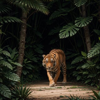 (best quality,4k,8k,highres,masterpiece:1.2),ultra-detailed,(realistic,photorealistic,photo-realistic:1.37),tiger in jungle,fierce,intense eyes,striking black stripes,fearless expression,majestic presence,lush greenery,tropical habitat,warm sunlight,shadows and dappled light,thick foliage,exotic plants,rays of light piercing through the canopy,mysterious atmosphere,vivid colors,naturalistic textures,immersive perspective,powerful and agile movements,roaring sound echoing through the jungle.