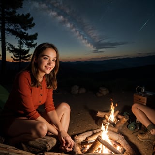 A beautiful outdoor camping scene, 1girl, detailed face, beautiful eyes, detailed nose, detailed lips, long eyelashes, smiling, sitting on log, campfire, mountains in background, pine trees, starry night sky, glowing campfire, warm lighting, rich colors, cinematic, epic, award-winning, masterpiece