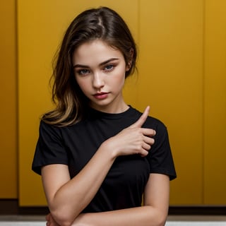  arafed woman in a black shirt pointing at her wrist, anna nikonova aka newmilky, portrait sophie mudd, 4k fashion shoot, in style of kyrill kotashev, aleksandra waliszewska, style of ilya kushinov, style of julia razumova, ilya kuvishinov style