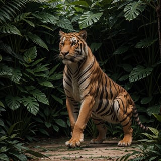 (best quality,4k,8k,highres,masterpiece:1.2),ultra-detailed,(realistic,photorealistic,photo-realistic:1.37),tiger in jungle,fierce,intense eyes,striking black stripes,fearless expression,majestic presence,lush greenery,tropical habitat,warm sunlight,shadows and dappled light,thick foliage,exotic plants,rays of light piercing through the canopy,mysterious atmosphere,vivid colors,naturalistic textures,immersive perspective,powerful and agile movements,roaring sound echoing through the jungle.