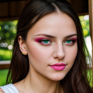 Photo of Ukrainian woman. Fits the face. 25 years old, sharp chin, raw photo, masterpiece, highly detailed photo, DSLR, photorealistic 3.9, ultra high resolution, top quality, pink lips, perfect makeup, big, bright green eyes, white